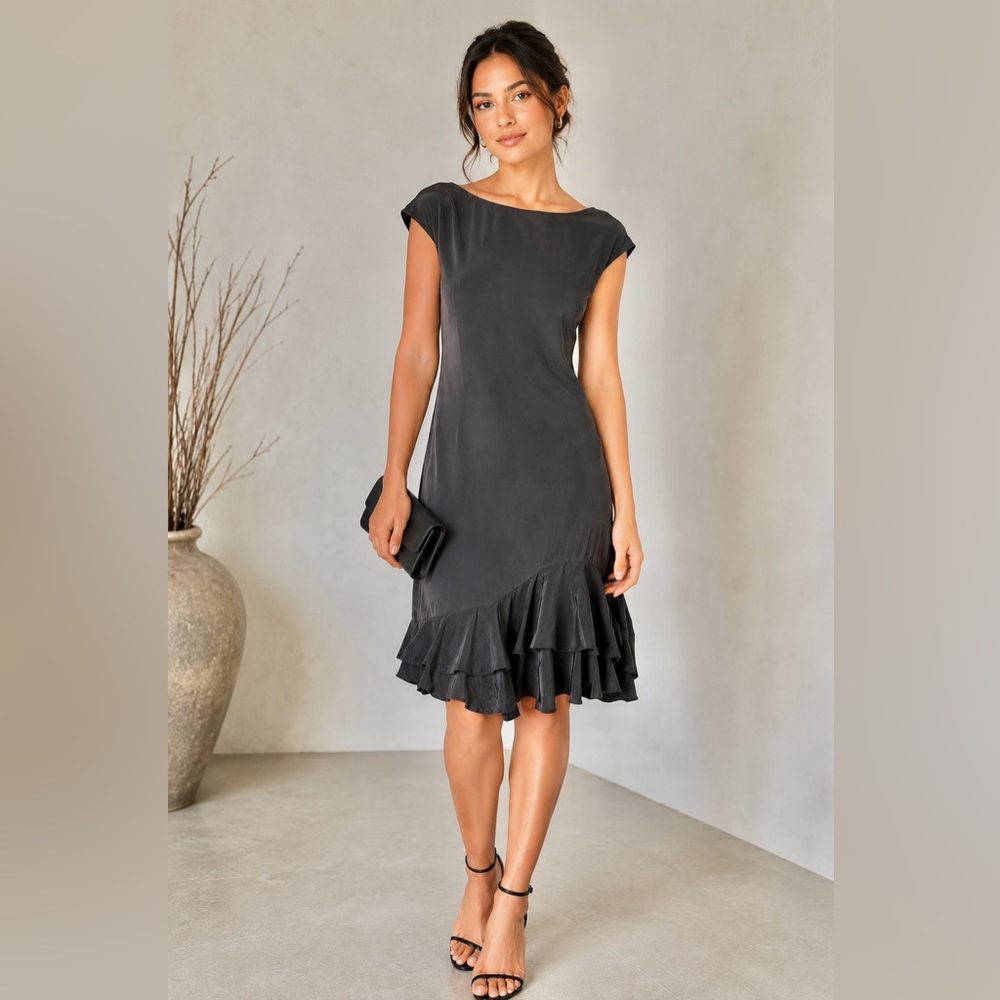 YaYa Aflalo Dark Gray Silk Scoop Back Ruffle Hem Dress Size M